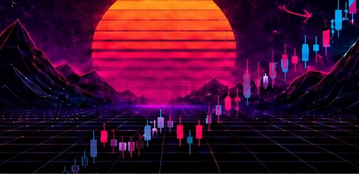 Loser’s League trading vista with a striped sun, mountains, market candles, and neon grid
